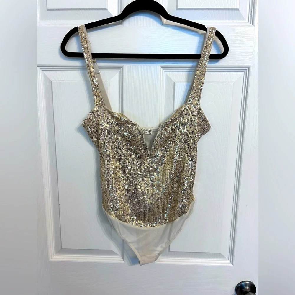 NWOT Free People, Sparks Fly Corset Bodysuit, Small in Gold